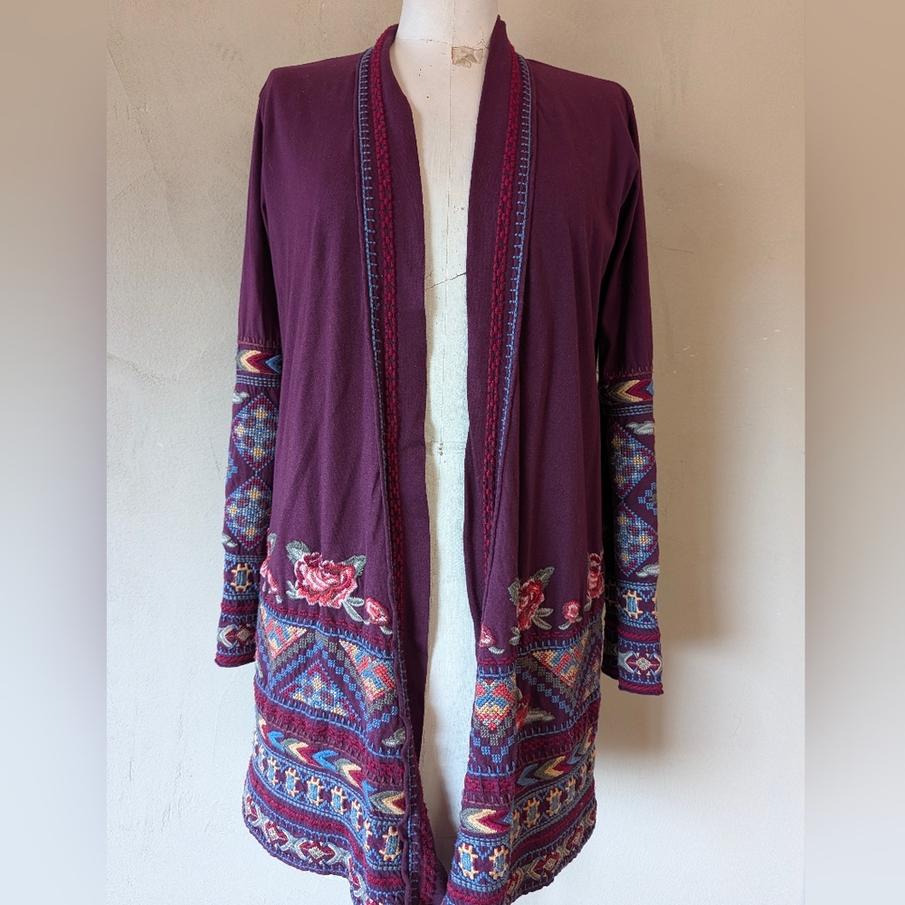 Burgundy Floral Embroidered Open Cardigan Sweater